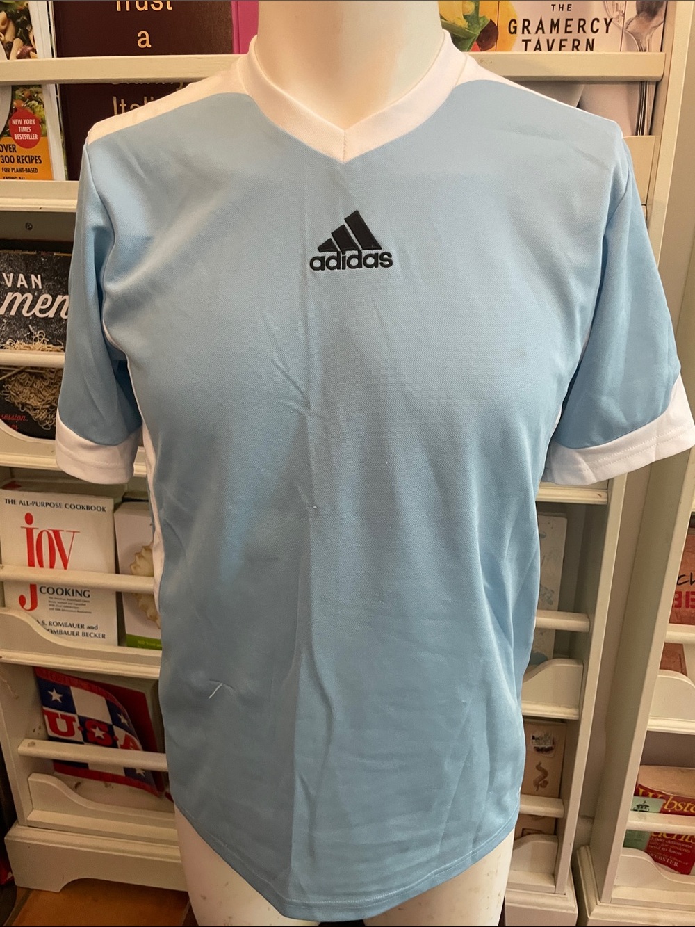 adidas Light Blue Short Sleeve V-Neck Men's Soccer Jersey with White Trim
